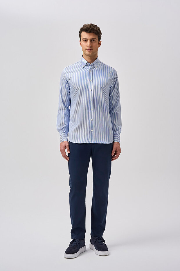 Blue Regular Fit Cotton Pocketless Long Sleeve Shirt