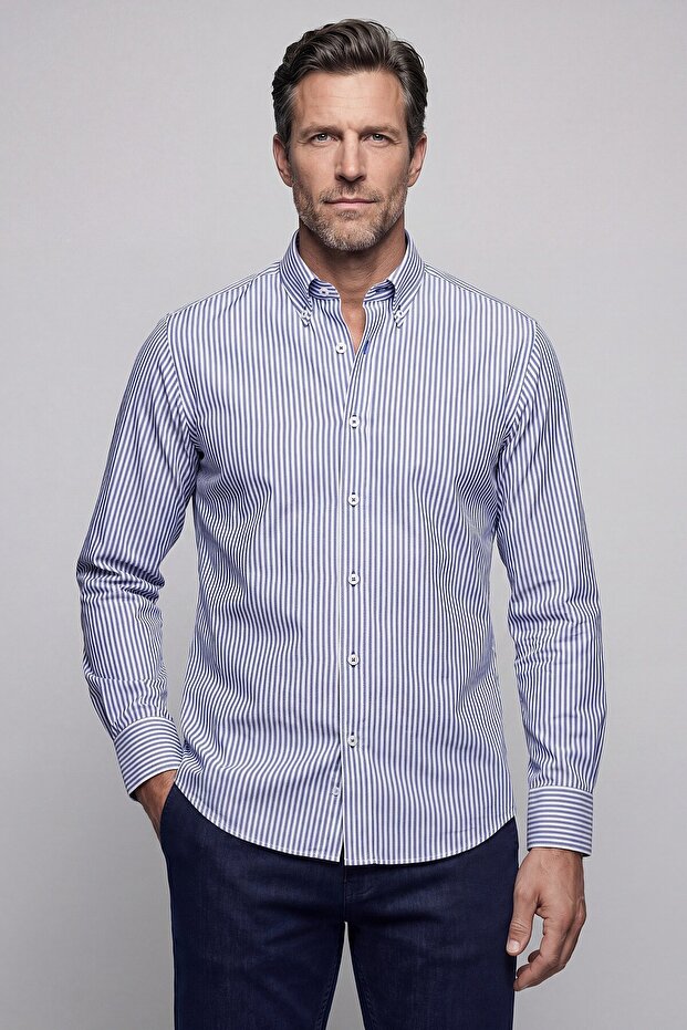 Navy Blue Regular Fit Cotton Pocketless Lapel Collar Long Shirt