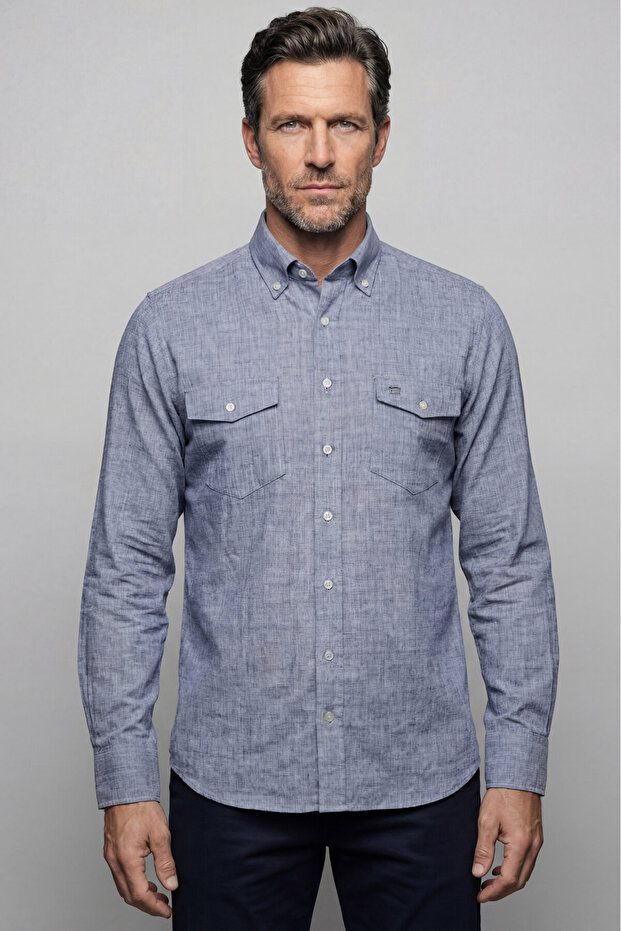 Indigo Regular Fit Cotton Linen Long Pasha Collar Shirt