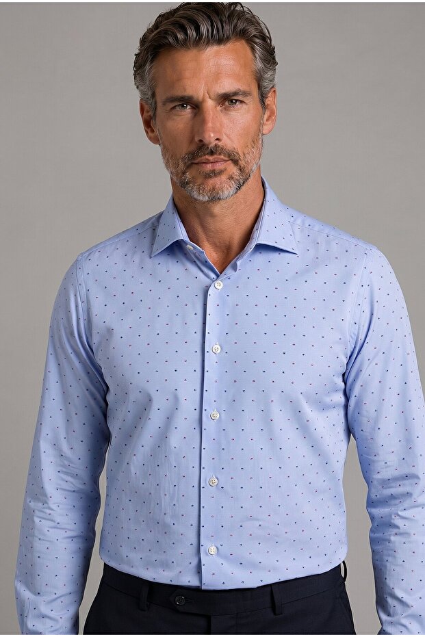 Blue Regular Fit Cotton Pocketless Long Collar Shirt