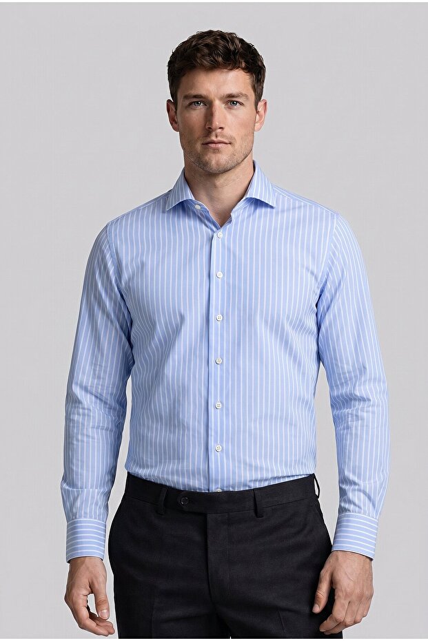 Light Blue Regular Fit Pocketless Long Naples Collar Shirt