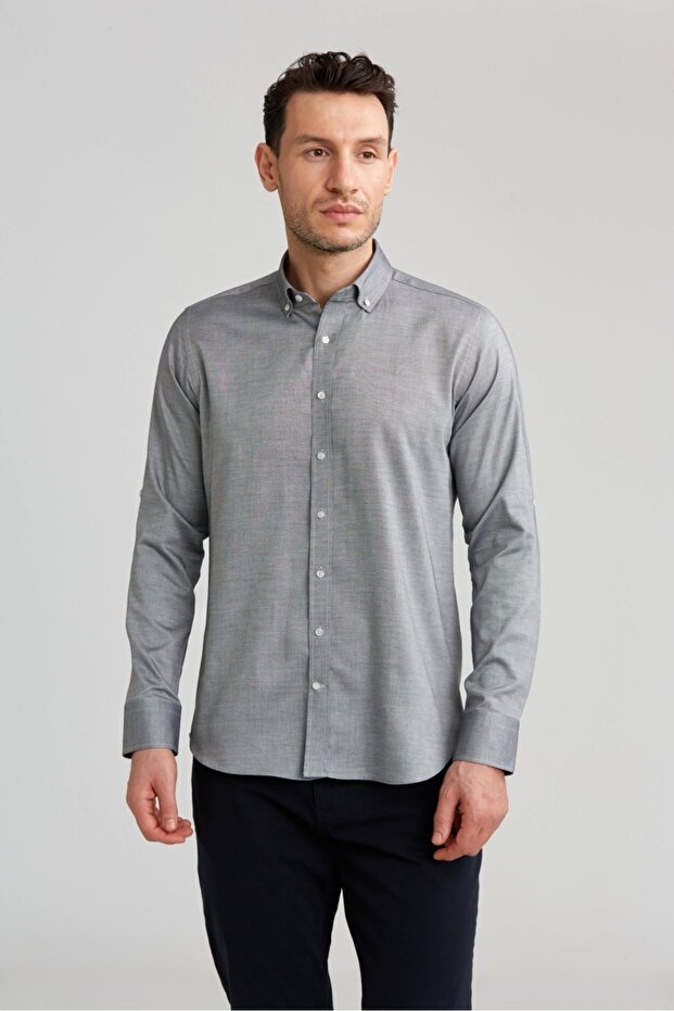Gray Regular Fit Cotton Buttoned Pascha Collar Shirt
