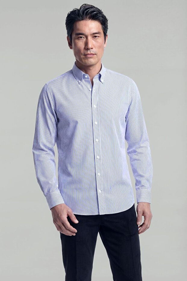 Blue Regular Fit Cotton Pocketless Shirt