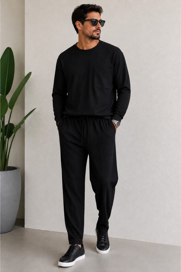 Men's Ottoman Fabric Crew Neck Top and Bottom Set