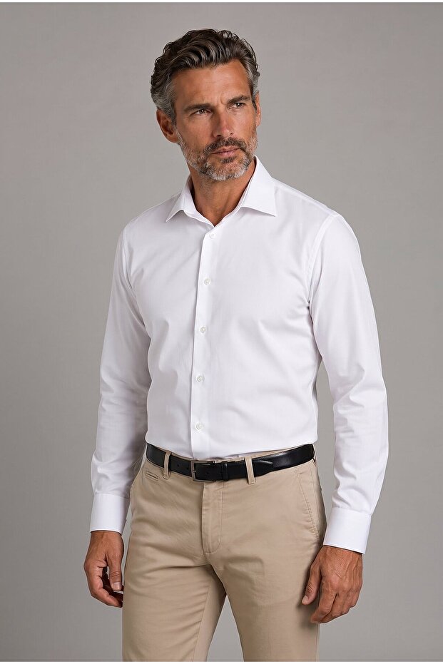 White Regular Fit Cotton Pocketless Classic Long Collar Oiron Shirt