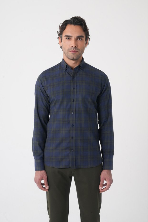 Green Regular Fit Cotton Pasha Collar Dark Shirt