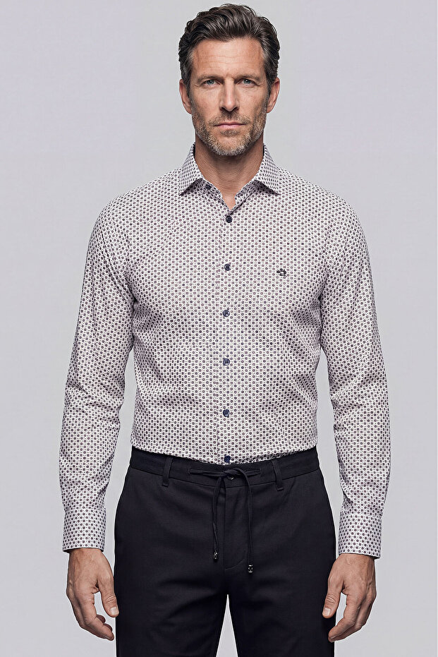Brown Regular Fit Cotton Pocketless Long Italian Collar Shirt
