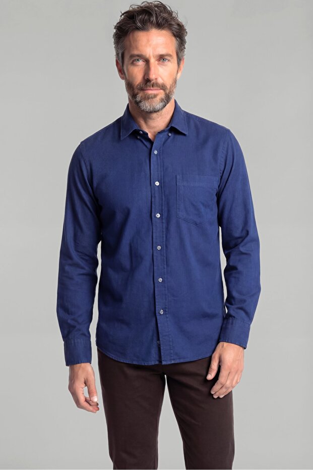 Long Sleeve Sport Collar Single Pocket Shirt Navy Blue