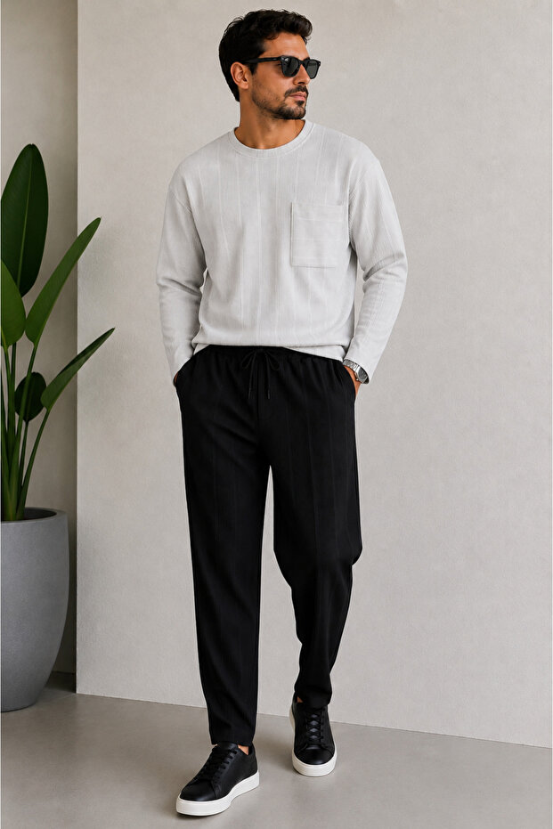 Men's Ottoman Fabric Crew Neck Top and Bottom Set
