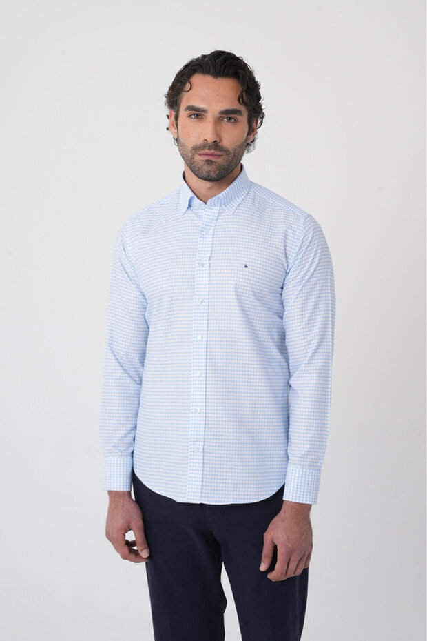 Blue Regular Fit Cotton Long Sleeve Pasha Collar Shirt