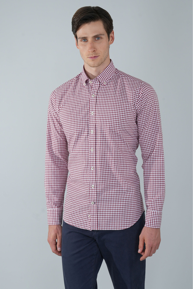Long Sleeve Pasha Collar Pocketless Burgundy Cotton Men's Shirt
