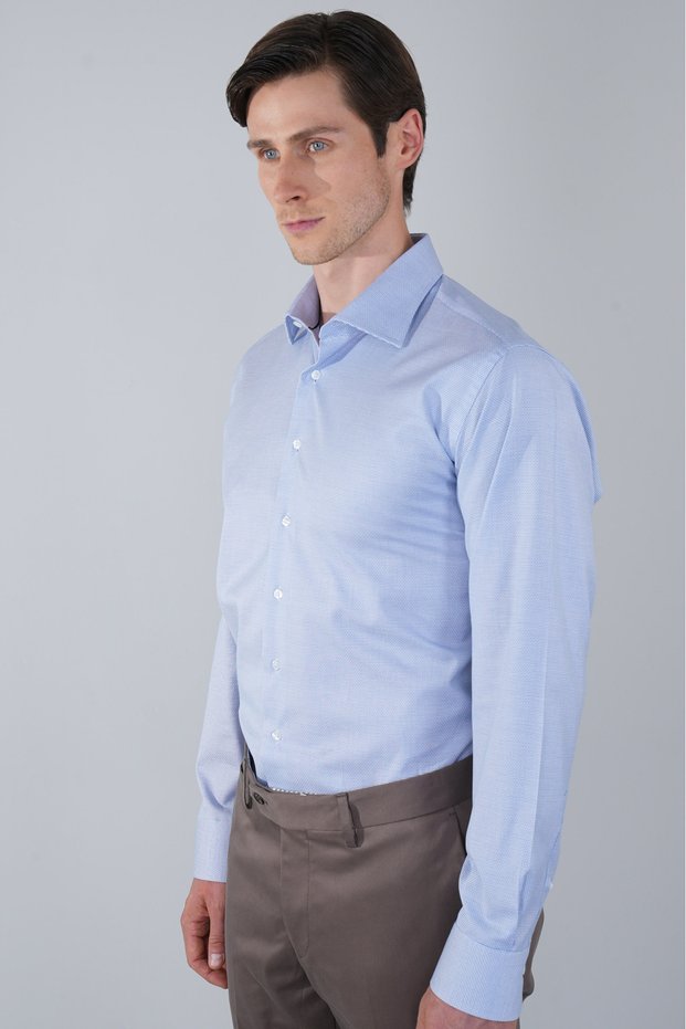 Blue Long Sleeve Italian Collar Pocketless Men's Shirt