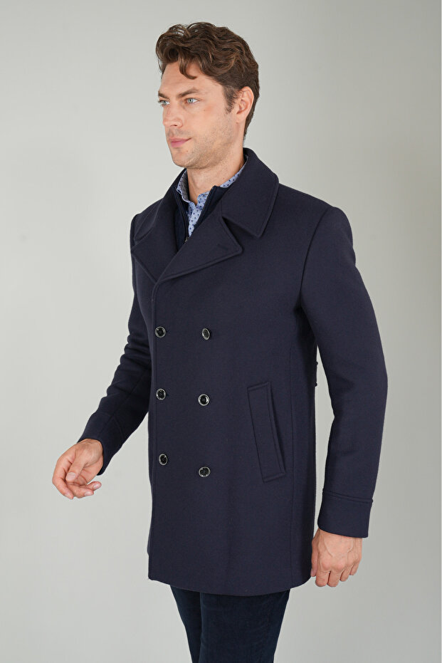 Navy Blue Viscose Double-Breasted Button Detailed Coat