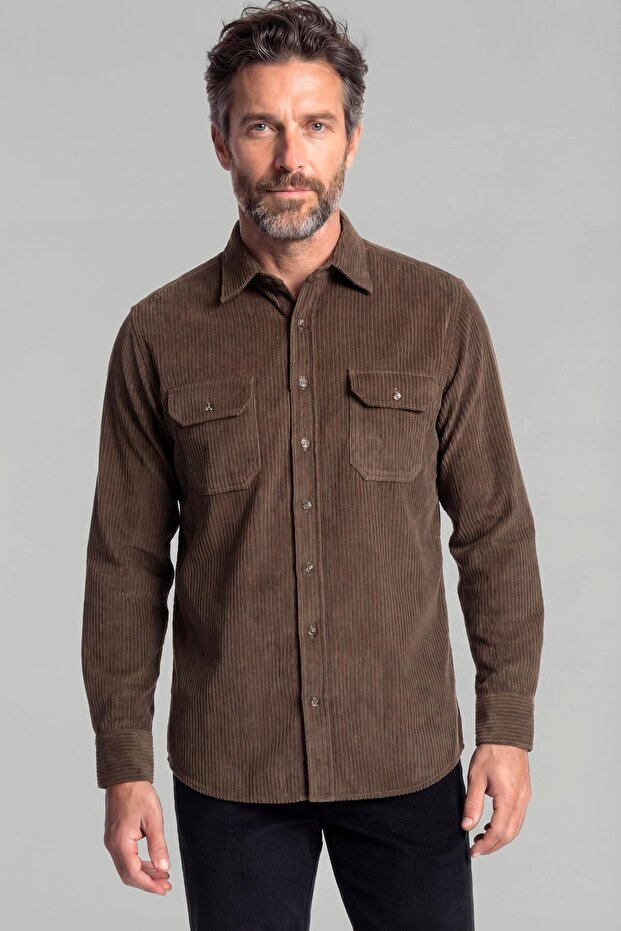 Brown Regular Fit Cotton Velvet Shirt