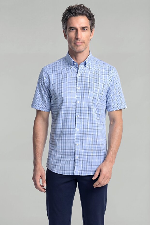 Blue Regular Fit Cotton Short Sleeve Shirt