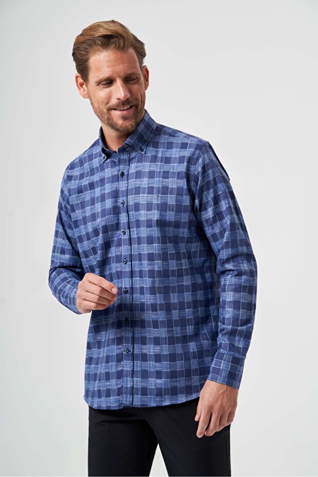 Navy Blue Regular Fit Cotton Checkered Pasha Collar Shirt