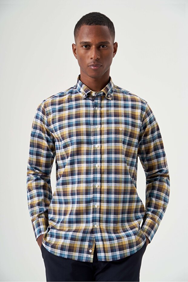 Navy Blue Regular Fit Cotton Pasha Collar Plaid Sports Shirt