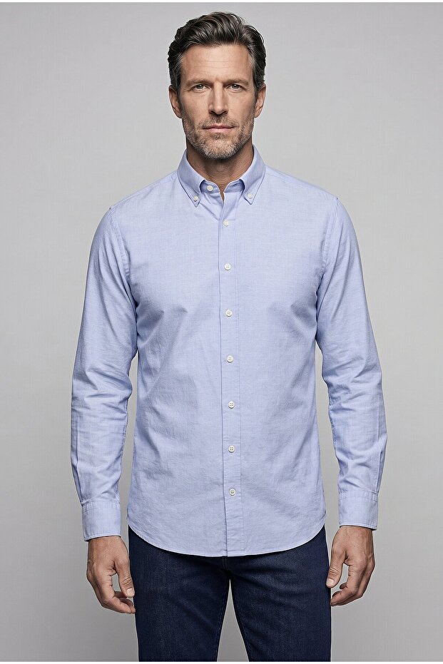 Gray Regular Fit Cotton Pocketless Long Pasha Collar Shirt