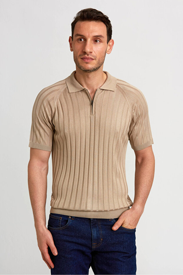 Regular Polo Collar Zippered Summer Knitwear Beige