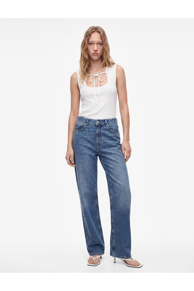 Cotton Bow Tie Lace Detailed Sleeveless Square Neck Blouse