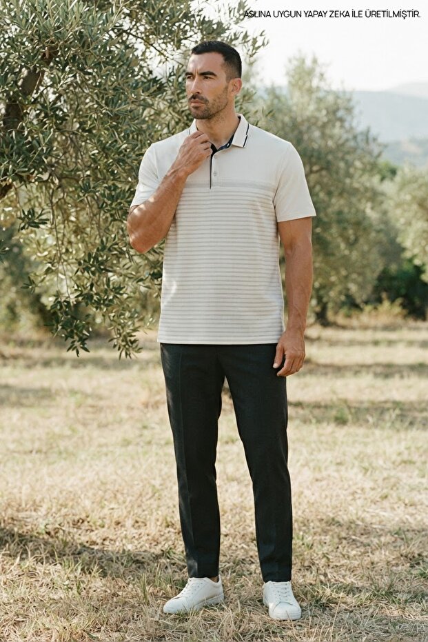 Men's Large Size Patterned Loose Polo Collar White T-Shirt