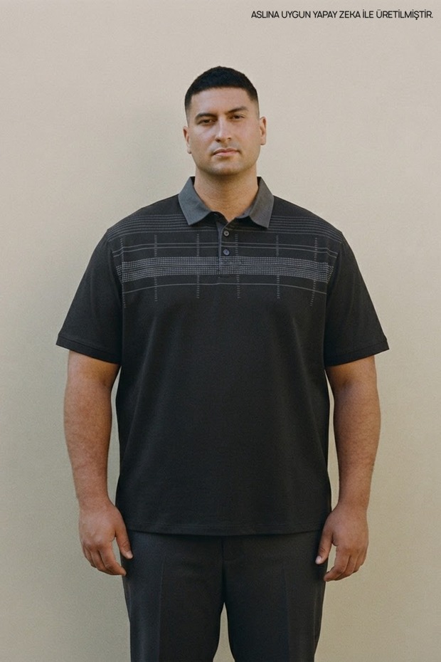 Men's Plus Size Black Polo Collar Printed T-Shirt