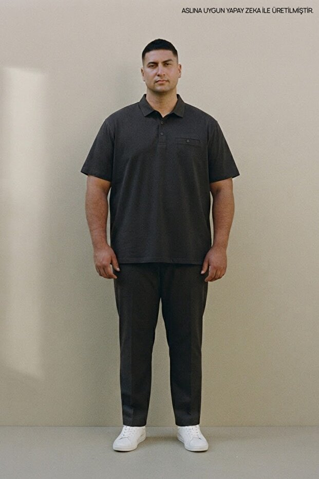 Men's Plus Size Basic Black Polo Neck T-Shirt with Pockets