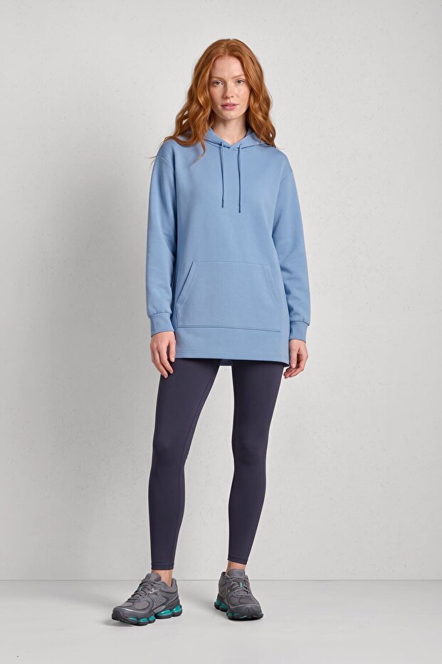 Women's Hooded Pocket Blue Tunic Sweatshirt Long Sleeve