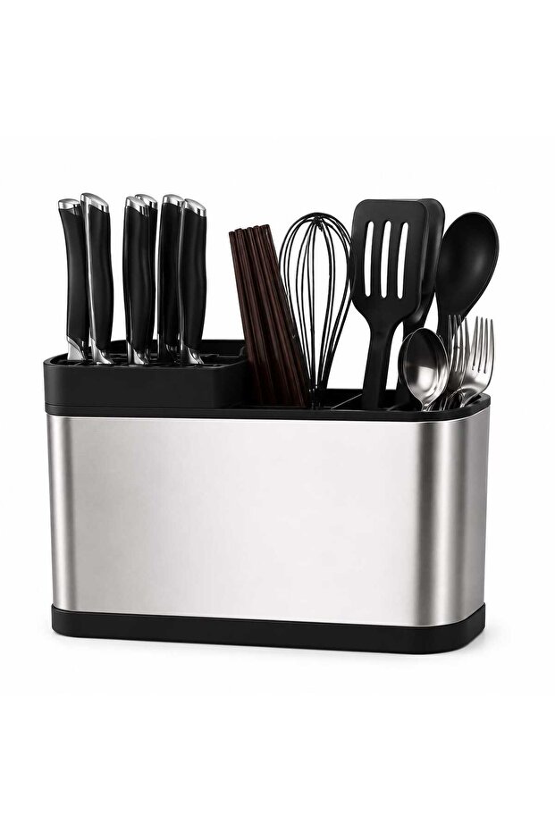 Kitchen Utensil Holder | 3 Compartment Stainless Steel Finish Cutlery Organizer | Knife Spoon Fork Chopstick Storage Rack With Drain Spout For Countertop