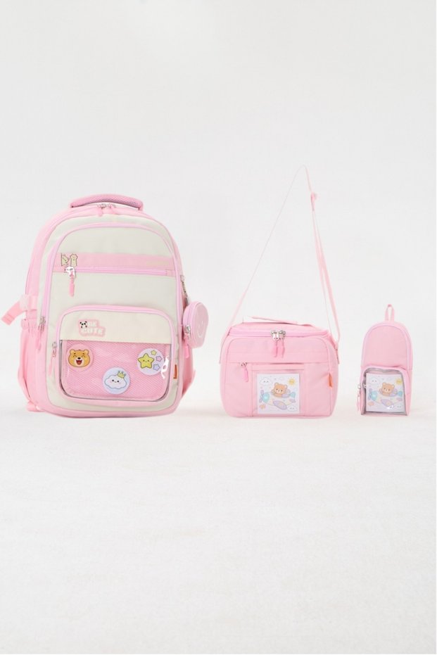 Kawaii Korean Style Accessory Set of 3 Pink Girls' Primary School Backpack Lunch Bag Pencil Case