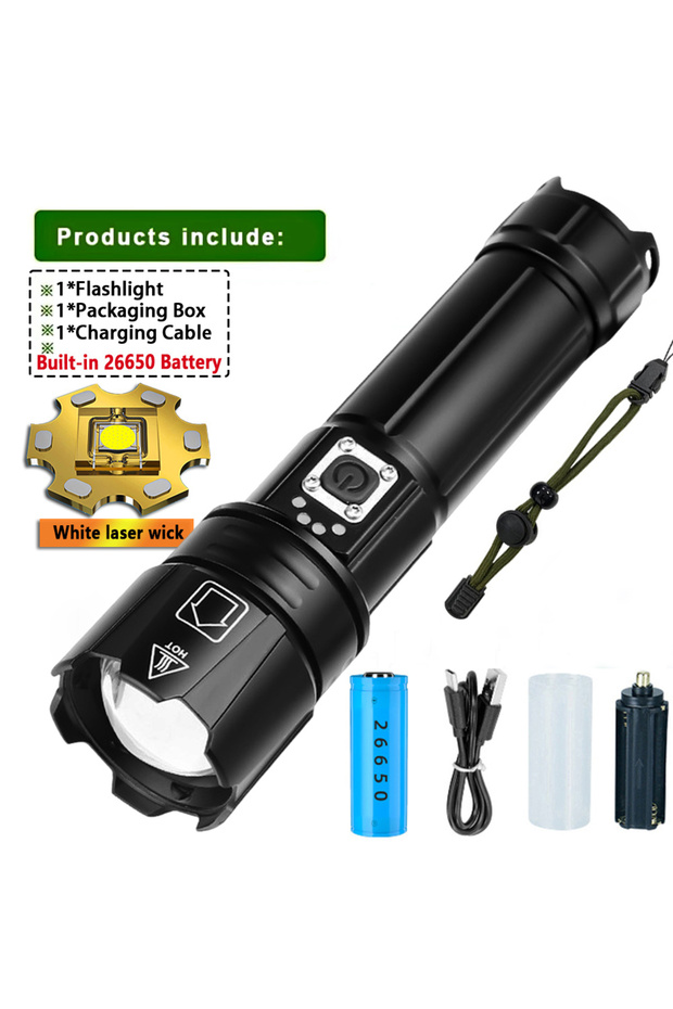 ZOOM AX-26650 Battery High-power Strong Light LED Flashlight Zoomable USB Rechargeable with and Ultr
