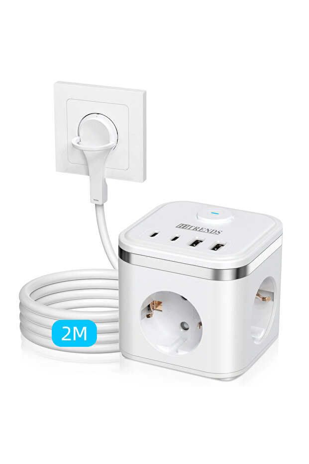 110-250V EU 3 2m white 7-in-1 Multi-Functional Desktop Charging Socket, 3AC+4USB Fast Charger, Ultra