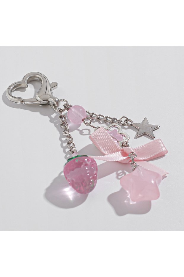 01 Cute Pink Strawberry Bow Keychain Y2k Fashion Star Flower Tassel Heart Key Chain Phone Charm Pend