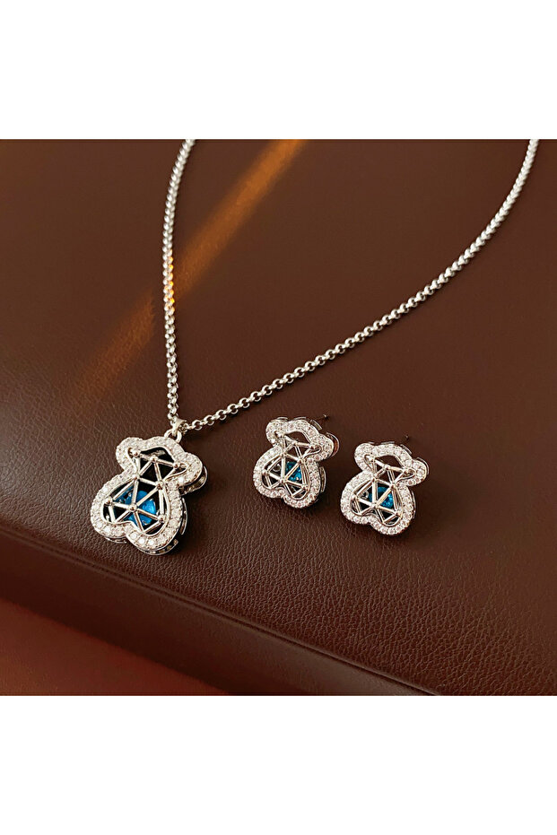 2 Pcs set 1/2 Pcs Titanium Steel Blue Zircon Hollow Bear Pendant Necklaces for Women Cute Stud Earri
