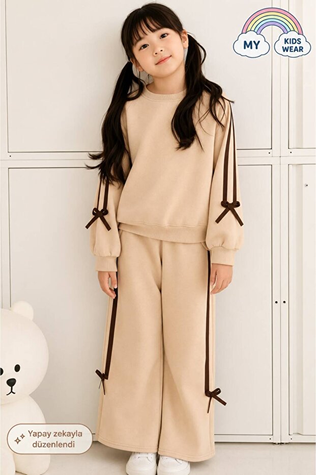 Girls' Double Ribbon Three Thread Tracksuit Set 3-10 Years Old
