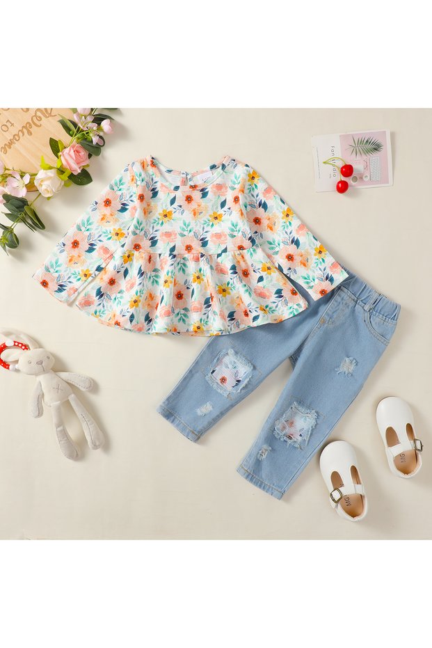 18-24M 112205310 1-4 Years Kids Girls Suit Long Sleeve Flower Ruffle Tops+Elastic Waist Denim Pants