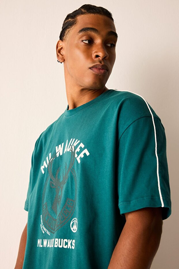 100% Cotton Nba Milwaukee Bucks Printed Ribbed Oversize Crew Neck Short Sleeve T-Shirt H7728Ax26Au