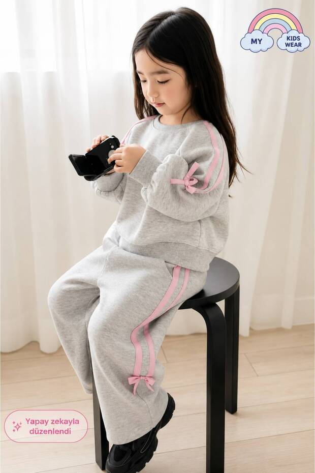 Girls' Double Ribbon Three Thread Tracksuit Set 3-10 Years Old 12342