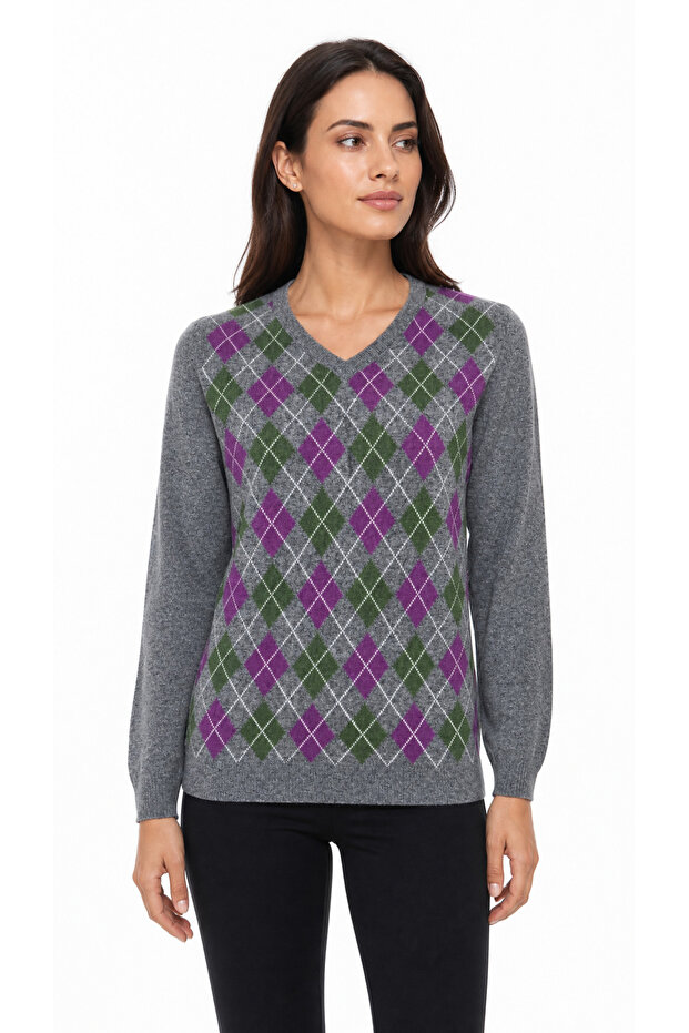 Women's V-Neck Diamond Patterned Wool Sweater Smoked_A.Mor