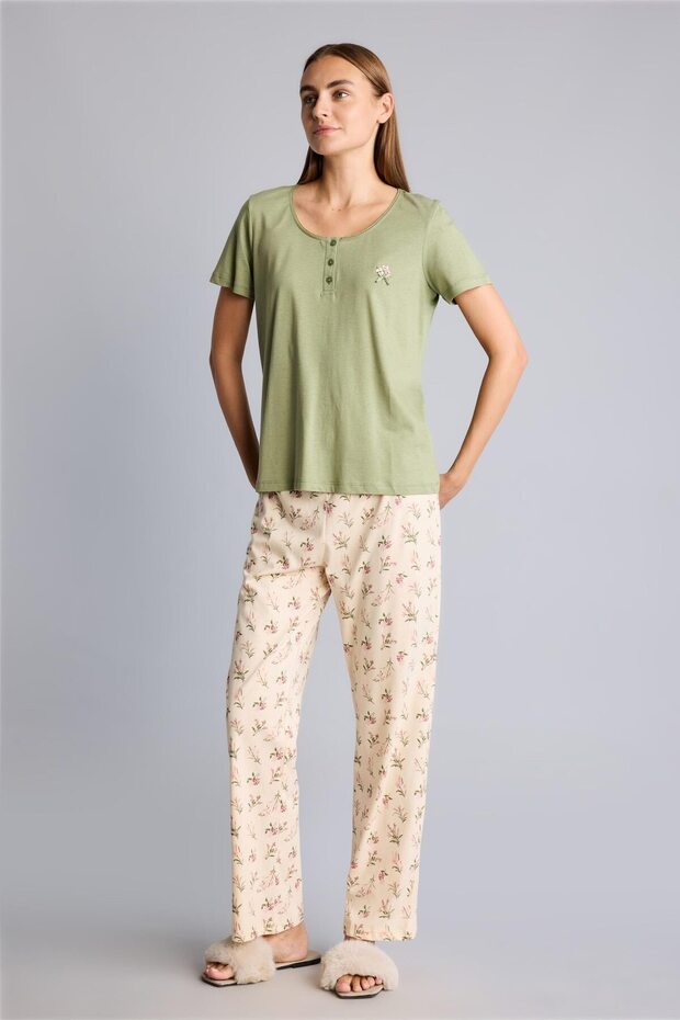 100% Cotton Regular Fit Short Sleeve Embroidered Top Floral Wide Leg Bottom 2-Piece Pajama Set I6408Ax26Au