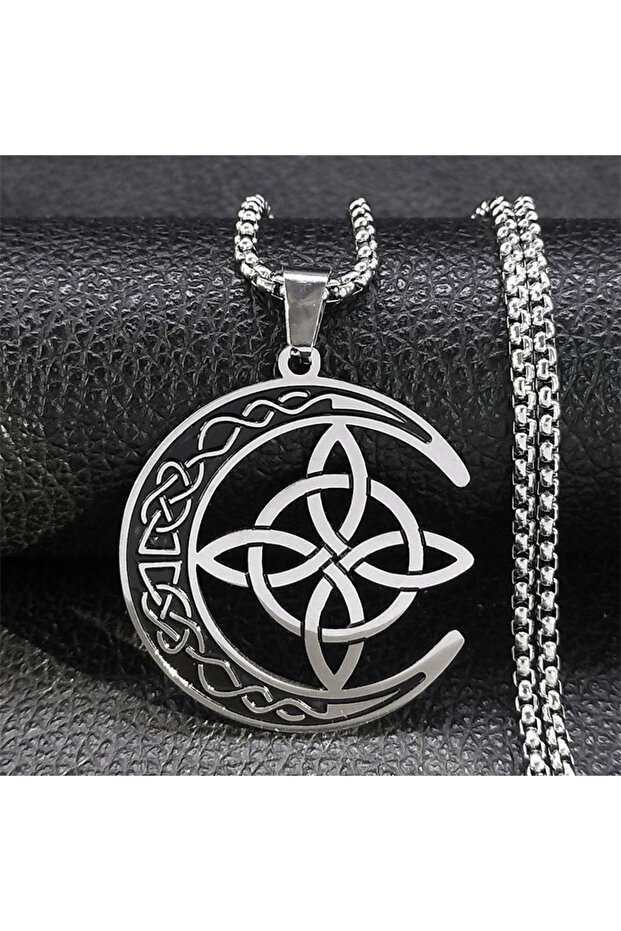 A 50cm BOX SR Crescent Celtic Irish Knot Necklaces Stainless Steel Witch Moon Amulet Protection Chai