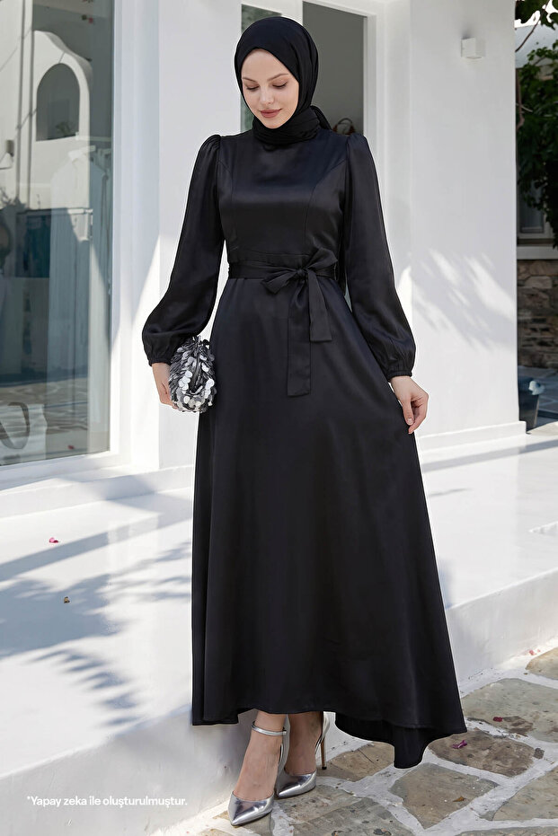 Belted Balloon Sleeve Satin Dress - Black