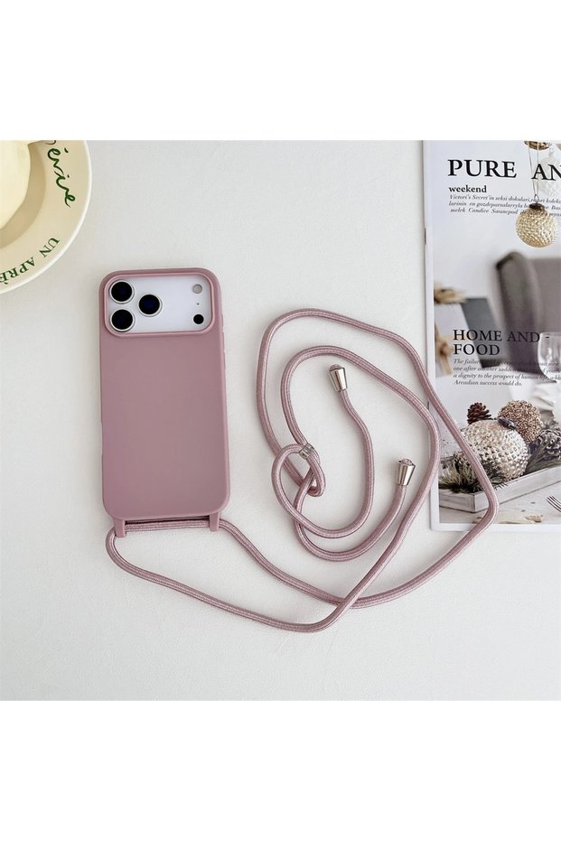 iPhone17 Pro Max Sand Pink Crossbody Lanyard Cord Liquid Silicone Soft Phone Case for Apple IPhone 1