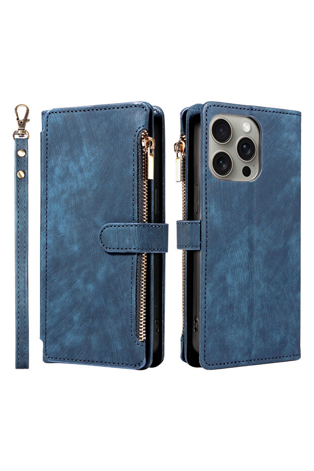 iPhone17 Pro blue Zipper Magnetic Flip PU Leather Phone Case for IPhone 17Air 16e 15 14 13 12 11 Pro