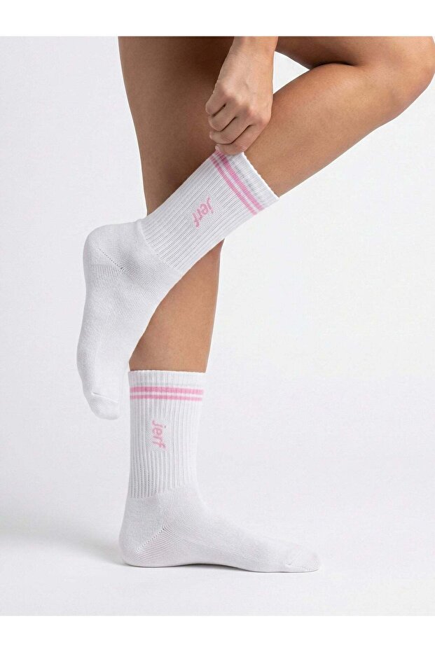 Soket Neon Striped Cotton Socks White_Neon Pink