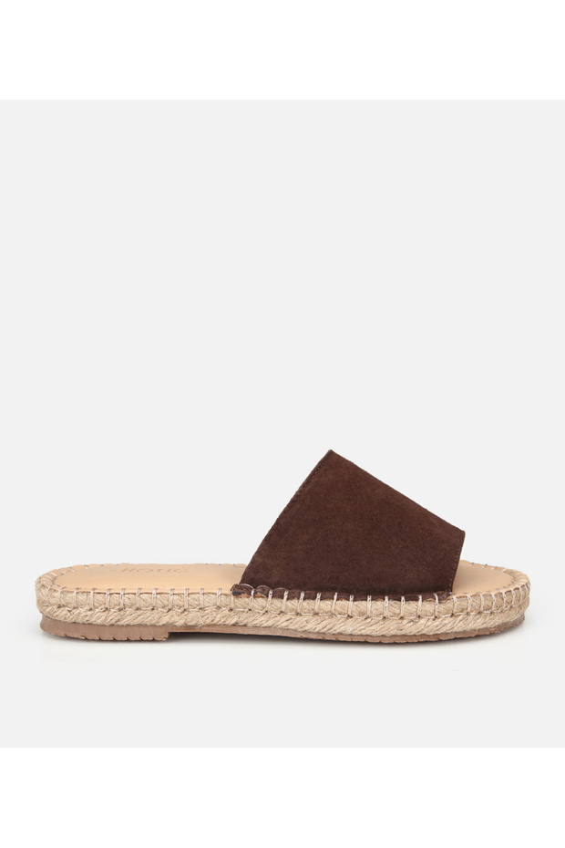 Women's Suede Leather Brown Straw Sole Flat Slippers