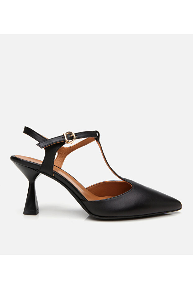 Women's Leather Black Open Back Heeled Shoes