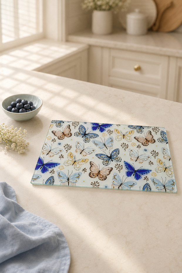 Butterfly Patterned Tempered Glass Cutting Board – 35 × 25 cm
