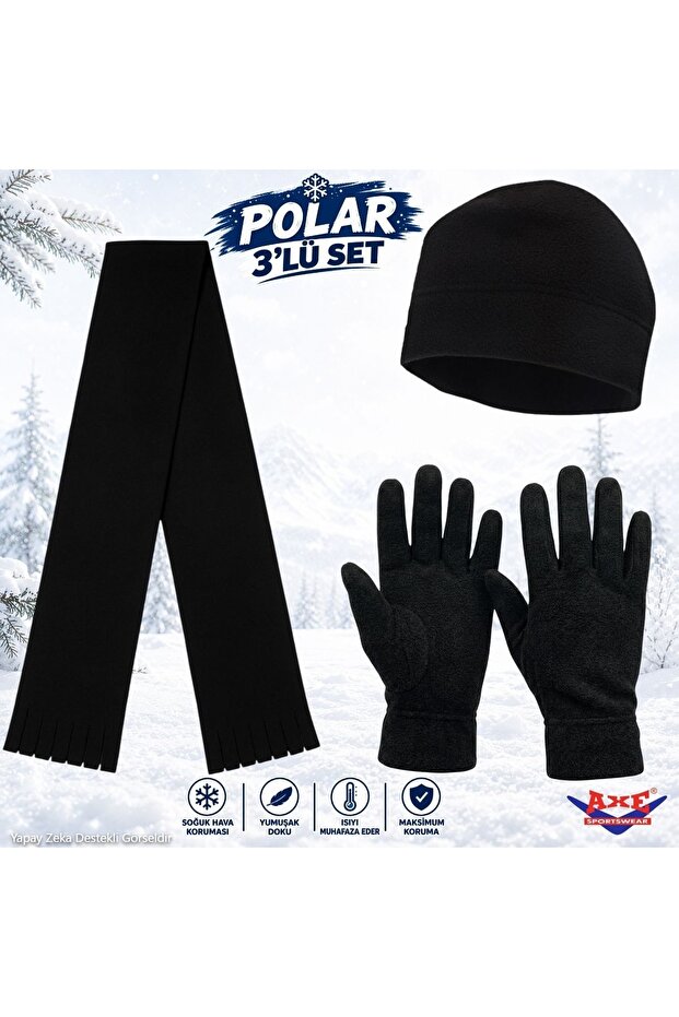 Winter Black Cold Weather Protective Non-Squeezing Cuff Foldable Thermal Fleece Gloves Scarf Beanie 3-Piece Set