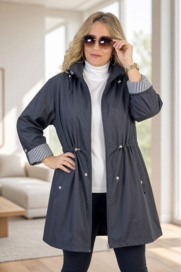 Detachable Hooded Foldable Sleeve Detail Bonded Fabric Extra Large Size Trench Coat